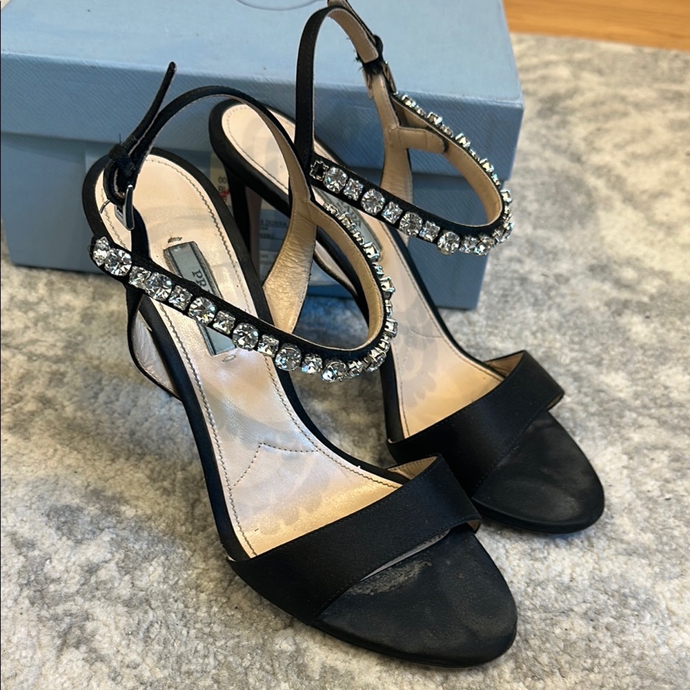 Prada Black Satin Embellished Evening Heels